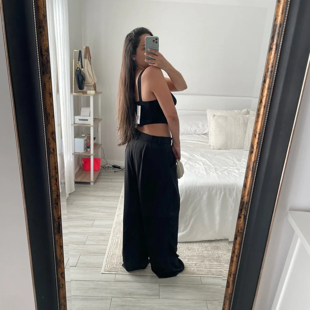 ASOS Black Silk Wide Leg Pants + Zara Black Corset Top // TWO PIECE SET - Picture 3 of 13